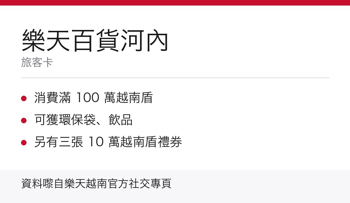 樂天百貨河內旅客卡重點