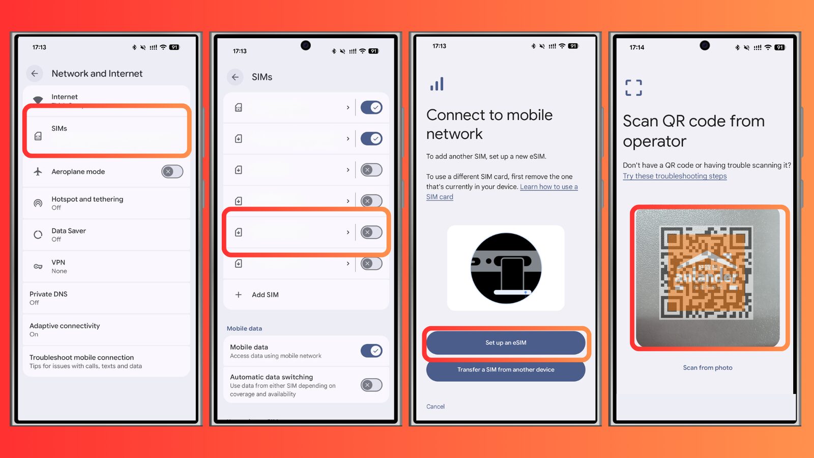 Android 安裝 eSIM 四步教學：SIMs → 新增 eSIM → 掃描 QR Code → 完成