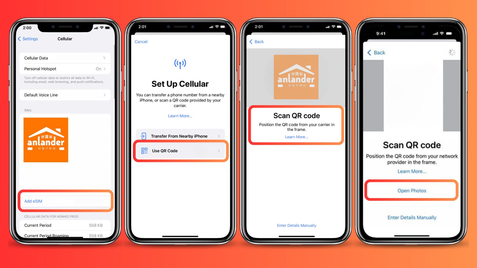 iPhone 安裝 eSIM 四步教學：加入 eSIM → 使用 QR 碼 → 掃描 → 完成